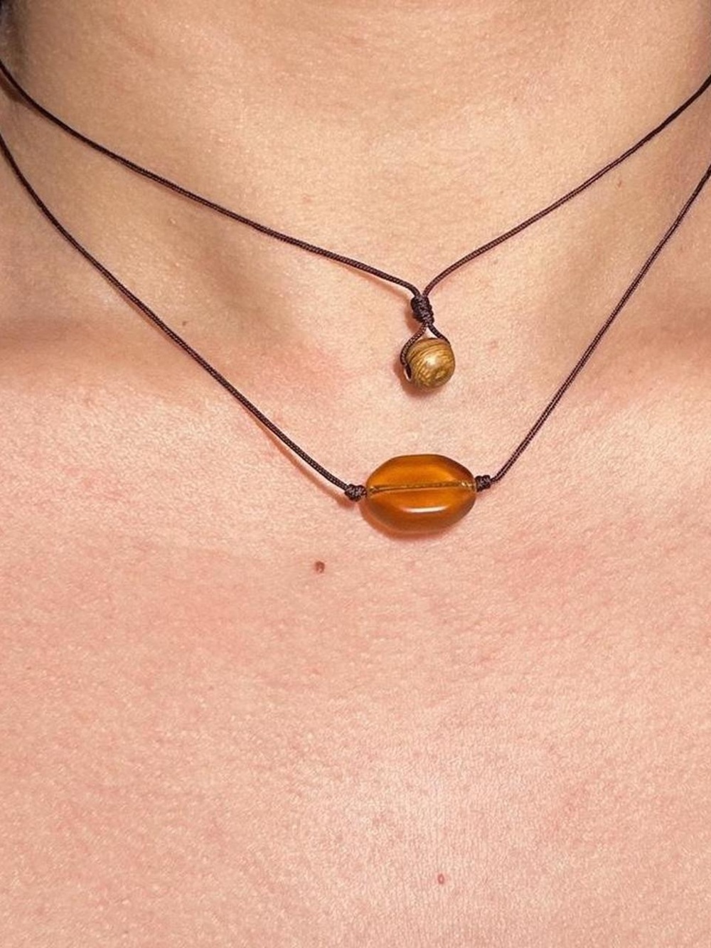 Handmade Wood Bead & Amber Czech Glass Layering Necklace Set Boho Earthy